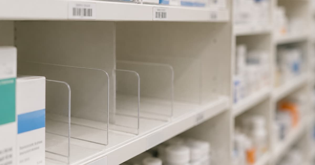 Photo of an empty pharmacy shelf slot between stocked medication boxes